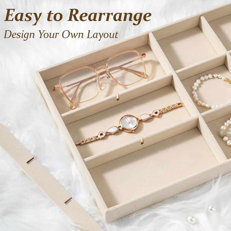 pickpiff Drawer Jewelry Organizer & Display Trays: 2pcs 12grid Velvet Stackable Jewelry Case (13.8x9.4x1.2inch) - Soft Beige Necklace Holder Bracelet Display Watch Box - Image 4